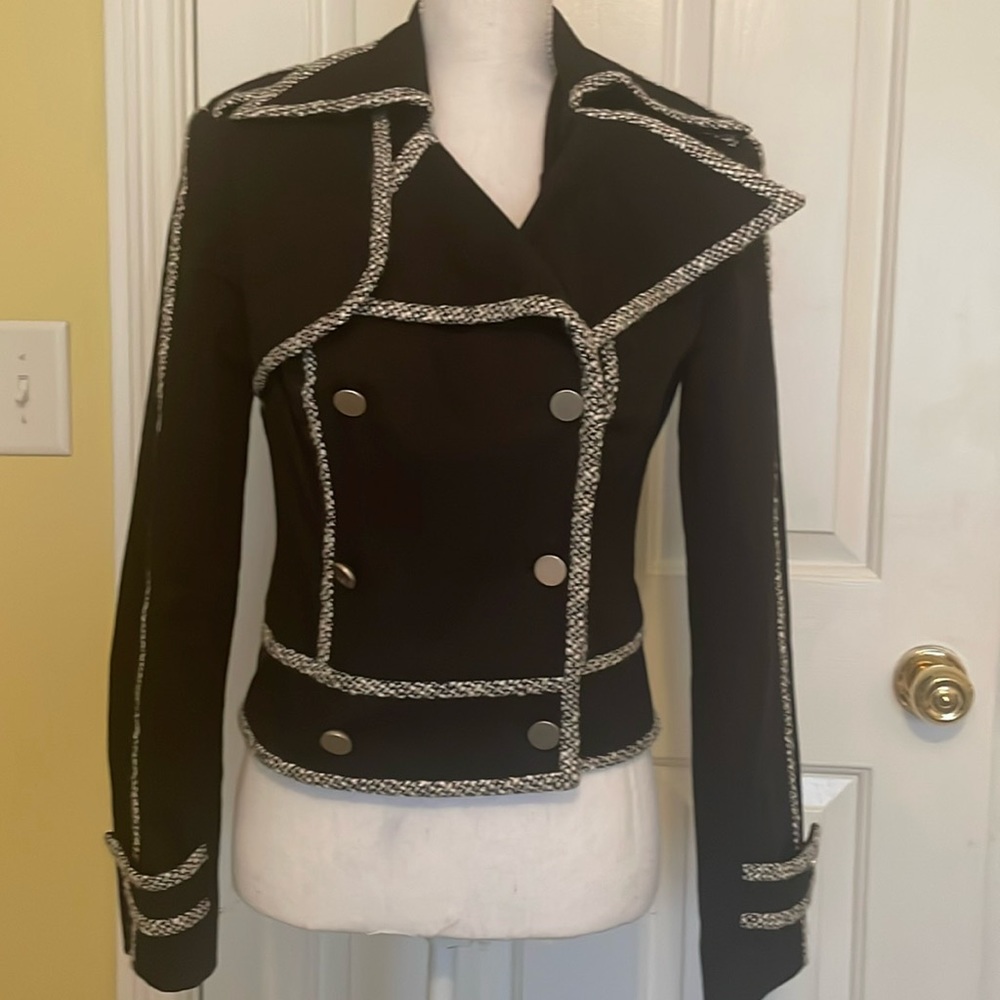 Caché Vintage Black Asymmetrical Double Breasted Short Jacket w/ Unique Trim